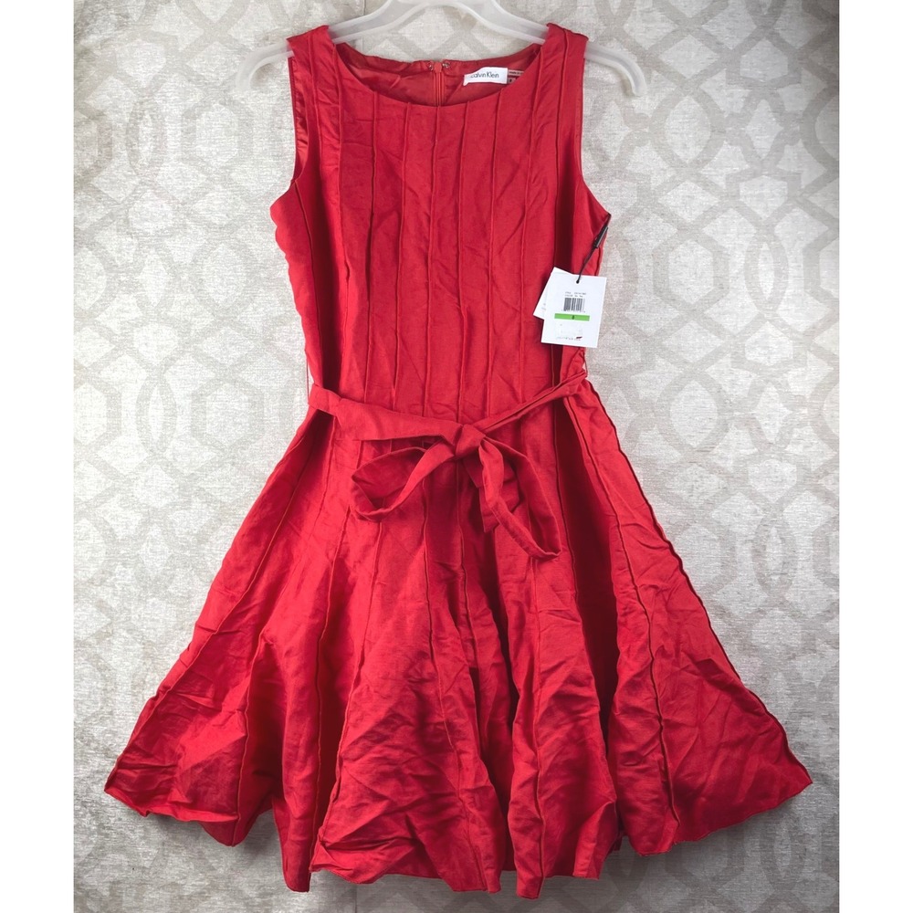 Calvin Klein Fit and Flare Dress Women 8 Red New Pleated Sleeveless CD1M1S83